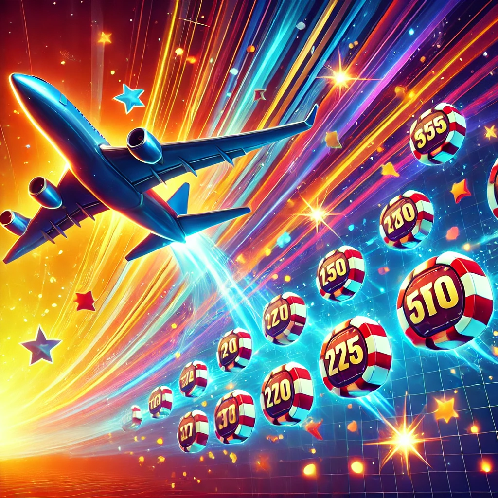 A jet plane soaring with visible multipliers, symbolizing the thrill of crash games in a vibrant online casino setting.